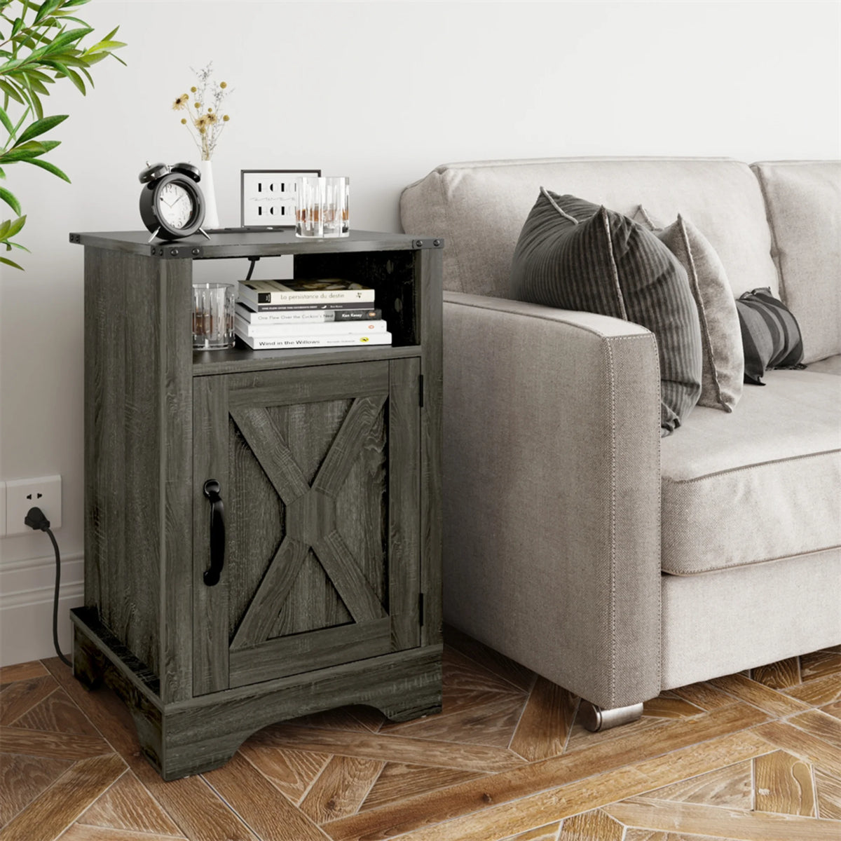 Rustic Wood Nightstand with Charging Station T27568
