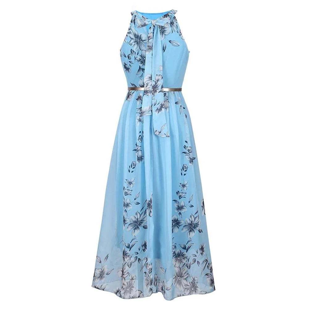 Blue Floral Halter Chiffon Maxi Dress Y108569