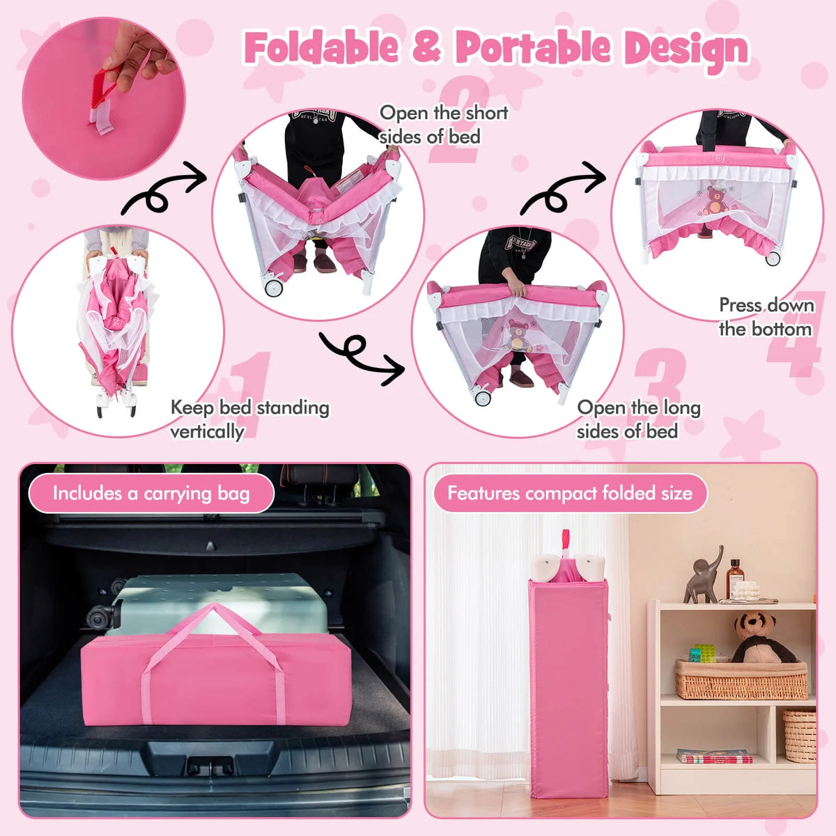 Portable 4 in 1 Baby Playard Crib with Changing Table Pink F5499