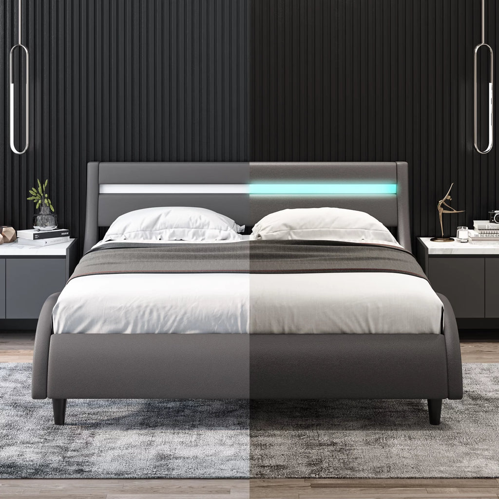 White Full Size Wooden Platform Bed Frame with Adjustable Upholstered Headboard A6257