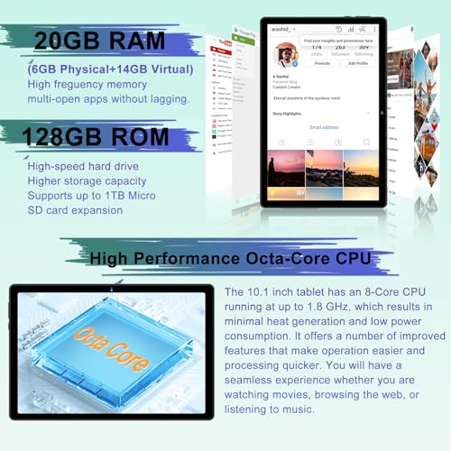 Android 14 Tablet with Keyboard 20GB+128GB 10.1 Inch Octa-Core 2-in-1 HD IPS Display Black W804