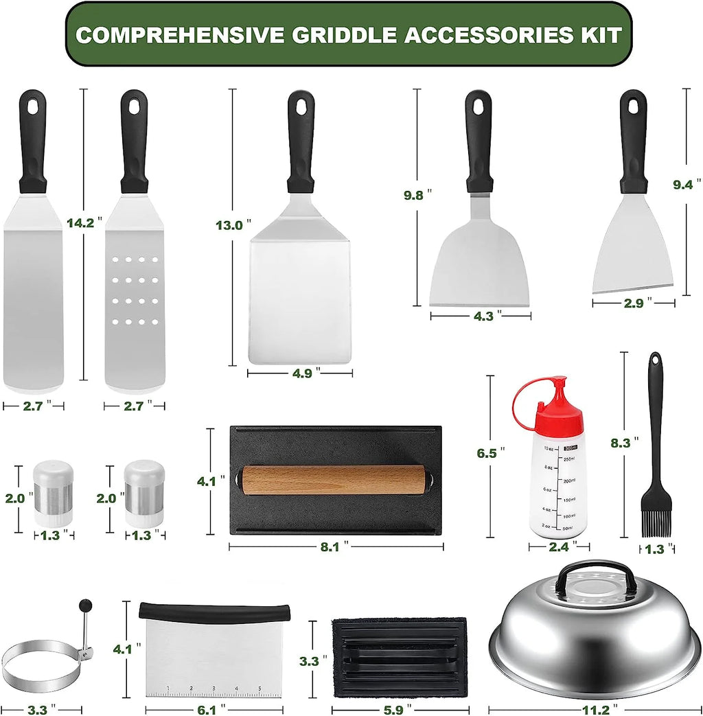 17PCS Flat Top Grill Accessories Set with Spatulas, Basting Cover, Scraper D39530