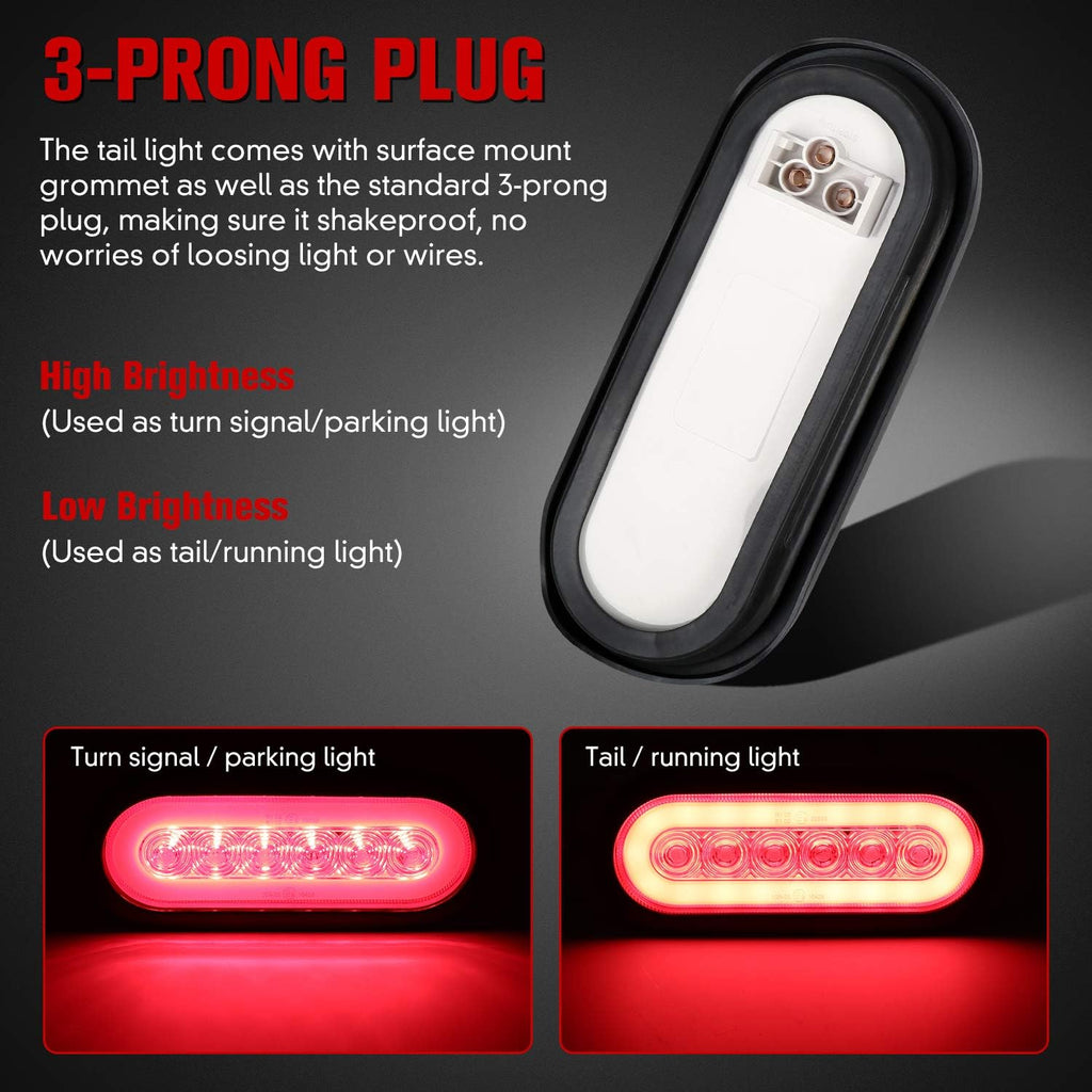 6" Oval Red LED Trailer Tail Lights 4PCS with Surface Mount Grommet C4092