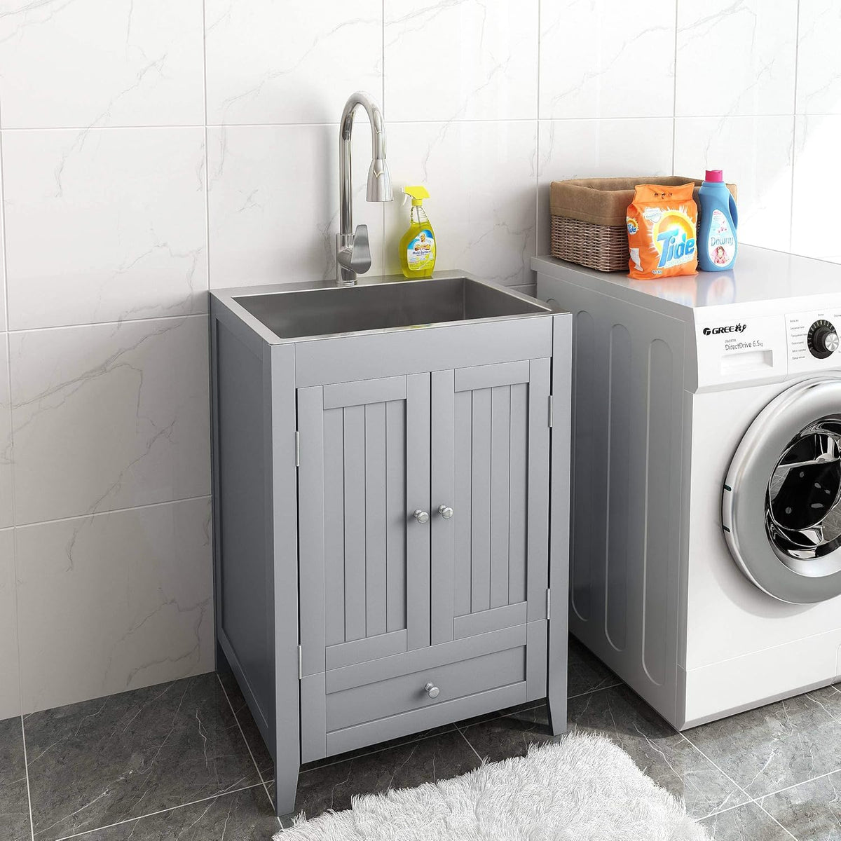 24-Inch Laundry Cabinet with Sink Grey Cabinet with Drawer Stainless Steel Sink Faucet Combo G7709