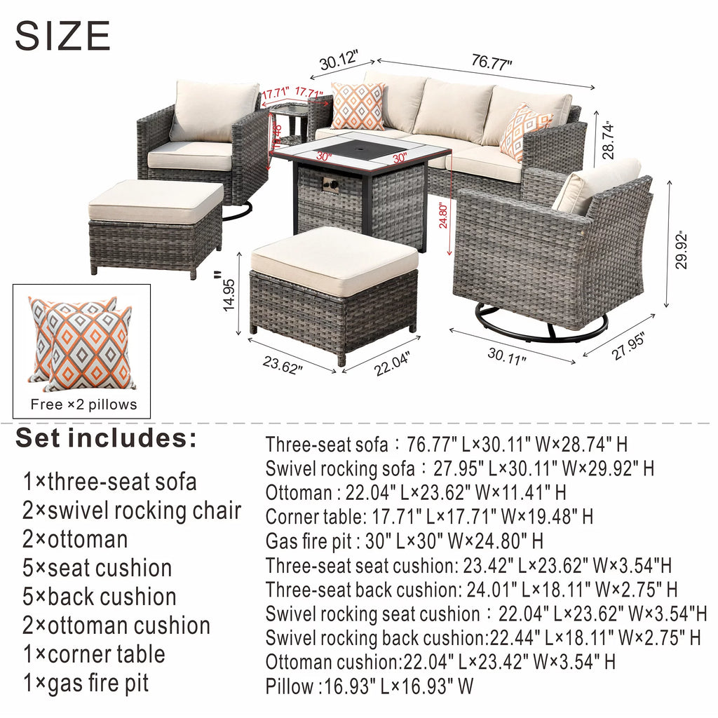 7 Pieces All Weather Wicker Patio Furniture Set with Fire Pit Table W416