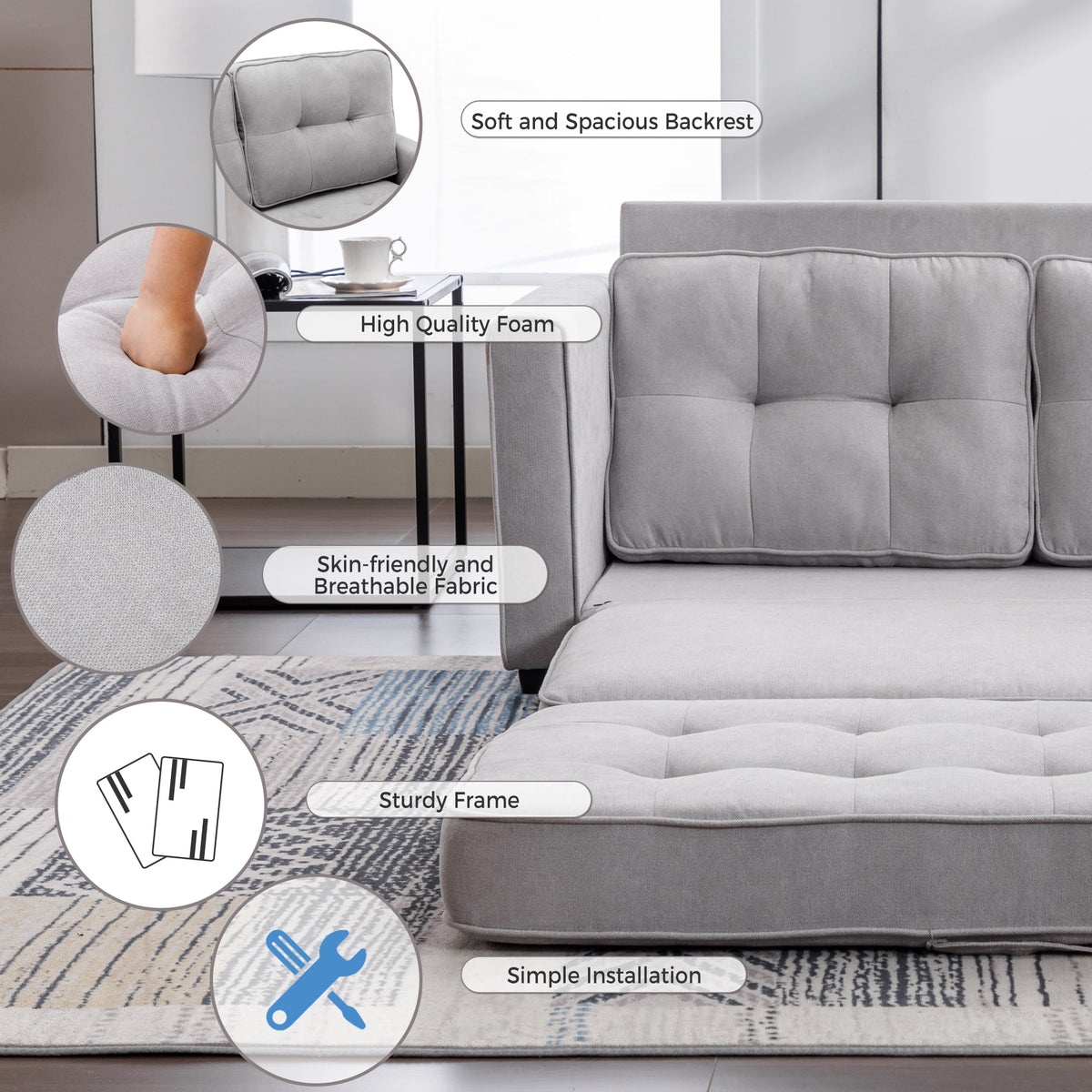 Grey Upholstered Loveseat Sofa with Pull-Out Bed U790
