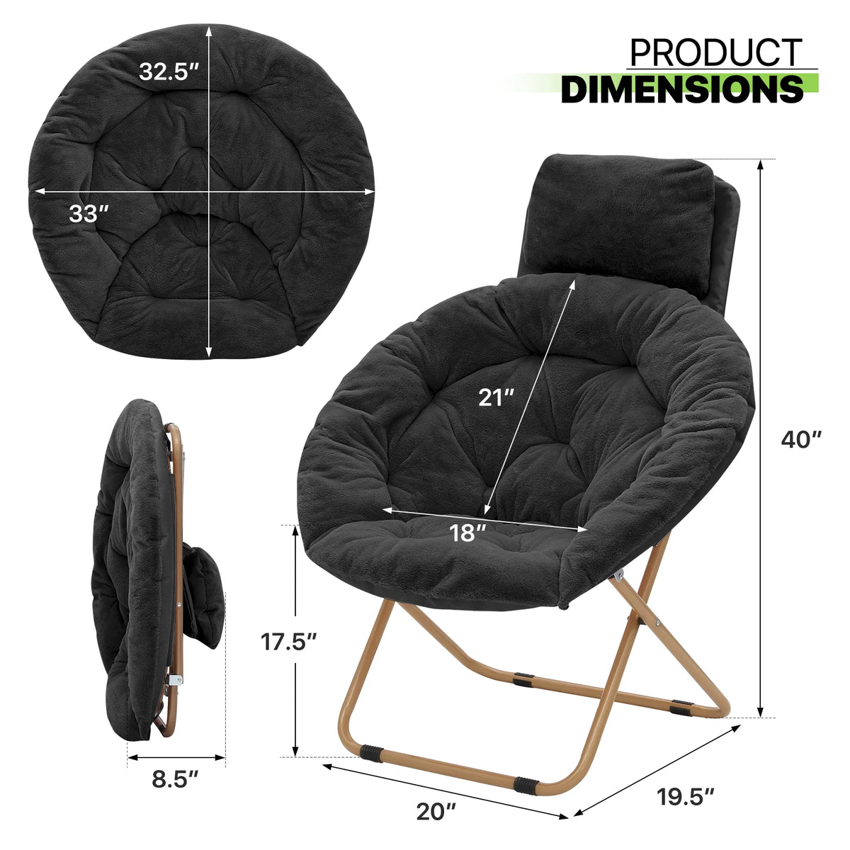 Black Faux Fur Folding Saucer Chairs with Pillow Z64138