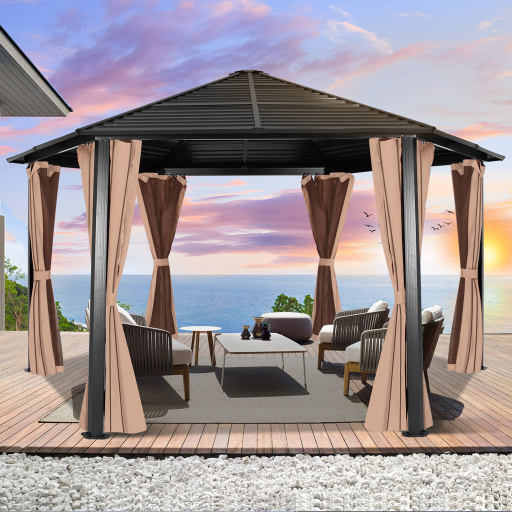 Hexagonal Hardtop Gazebo with Curtains & Mesh Screen C255421