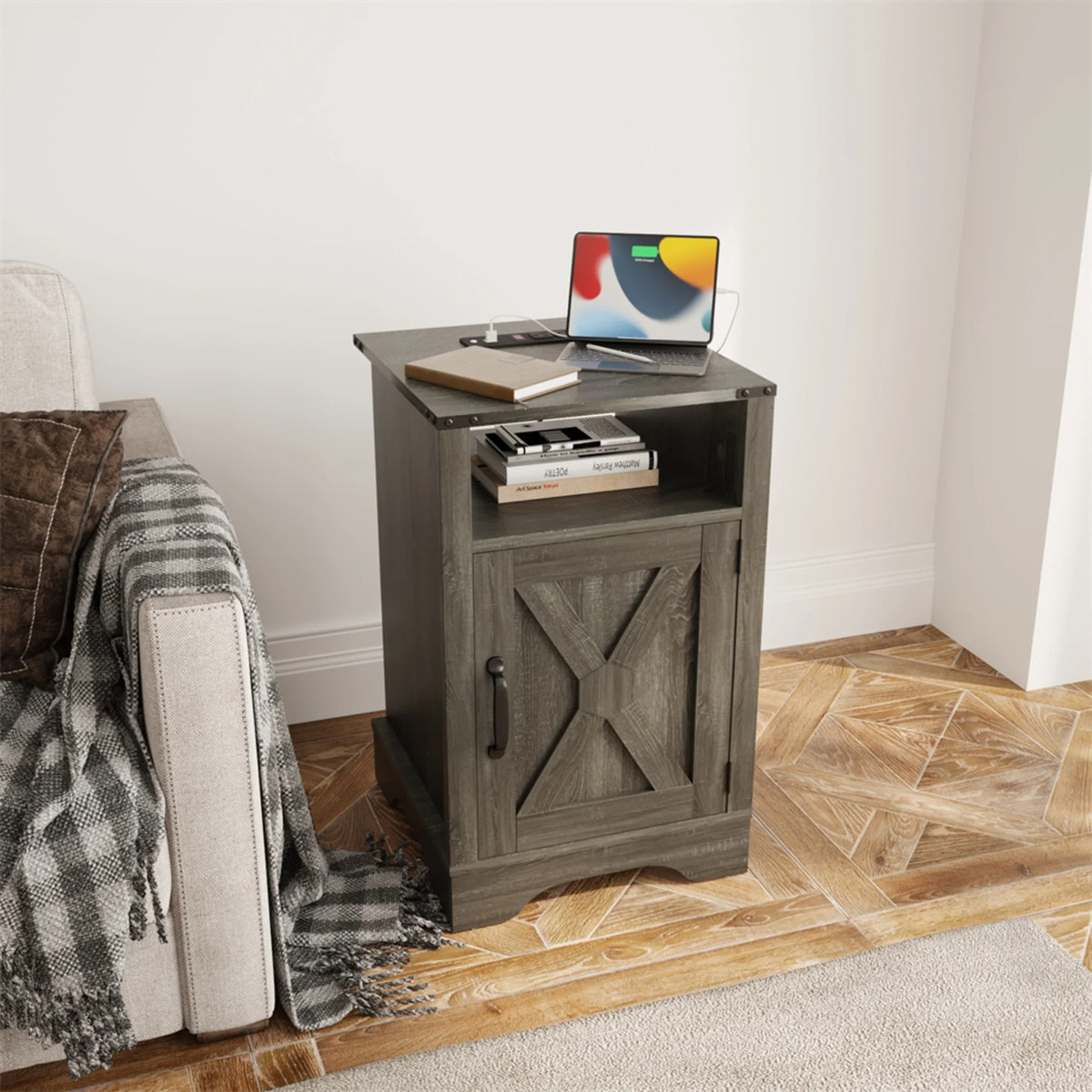 Rustic Wood Nightstand with Charging Station T27568