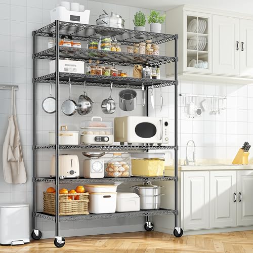 82" H X45 W X18 D 6 Tier Adjustable Metal Shelving with Wheels, Black R466