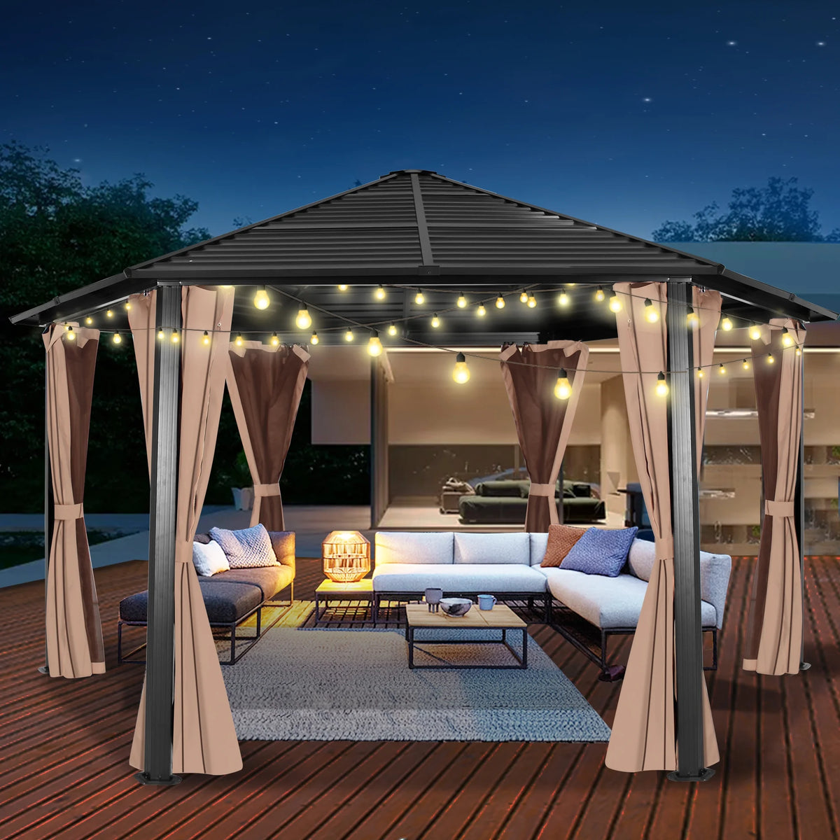 Hexagonal Hardtop Gazebo with Curtains & Mesh Screen C255421