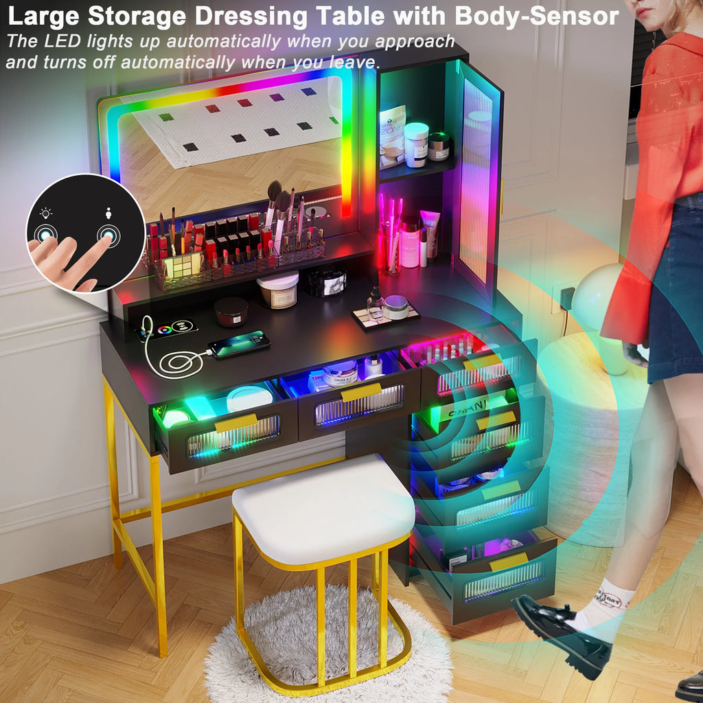 Black Vanity Set with 6 Drawers and Stool H99061