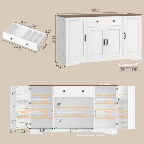 White Buffet Cabinet with Charging Station and Adjustable Shelves M480