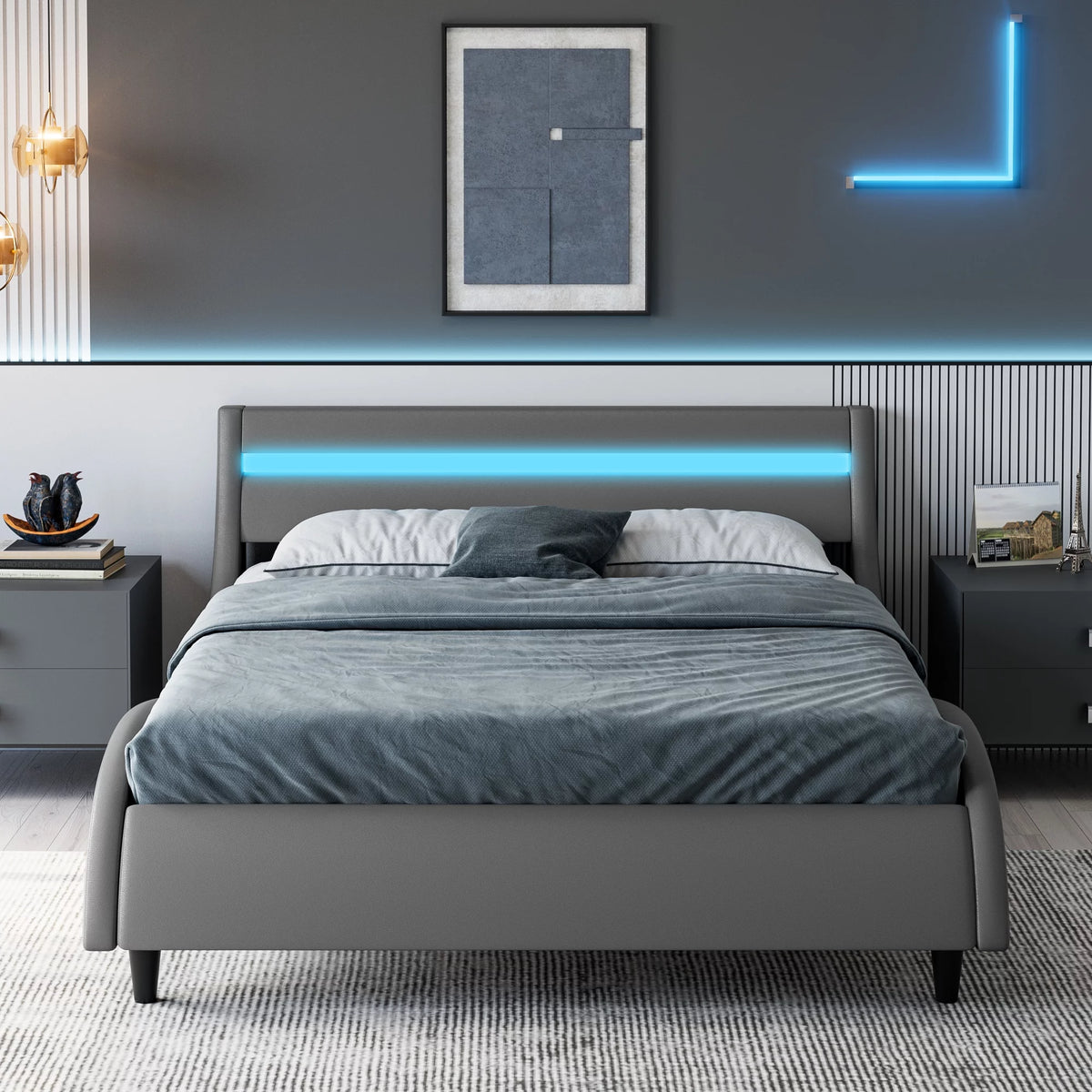 White Full Size Wooden Platform Bed Frame with Adjustable Upholstered Headboard A6257