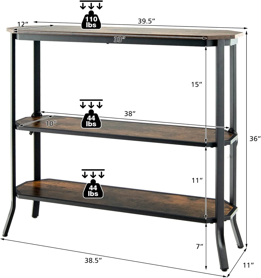 Industrial 3-Tier Narrow Console Table with Open Shelves I7657