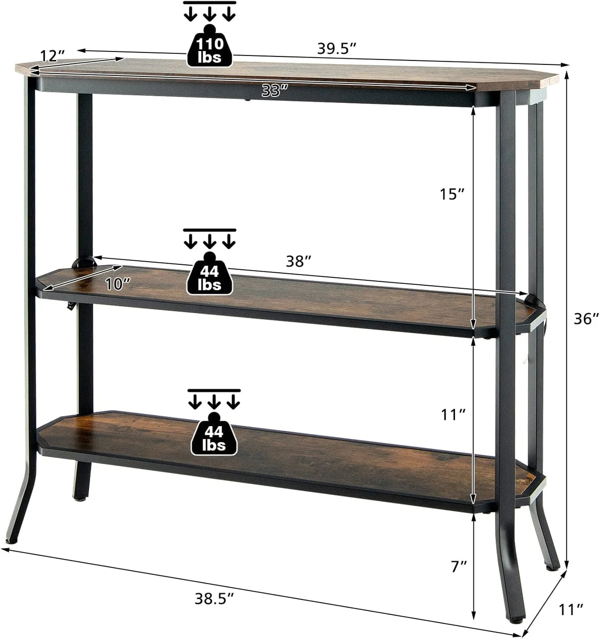 Industrial 3-Tier Narrow Console Table with Open Shelves I7657