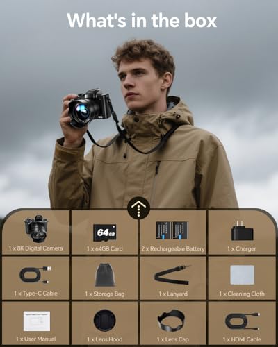 8K Digital Camera with Front and Rear Lens, Flash, Touch Screen, 64GB Card, 2 Batteries J394