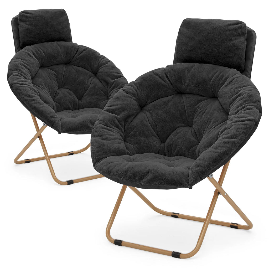Black Faux Fur Folding Saucer Chairs with Pillow Z64138