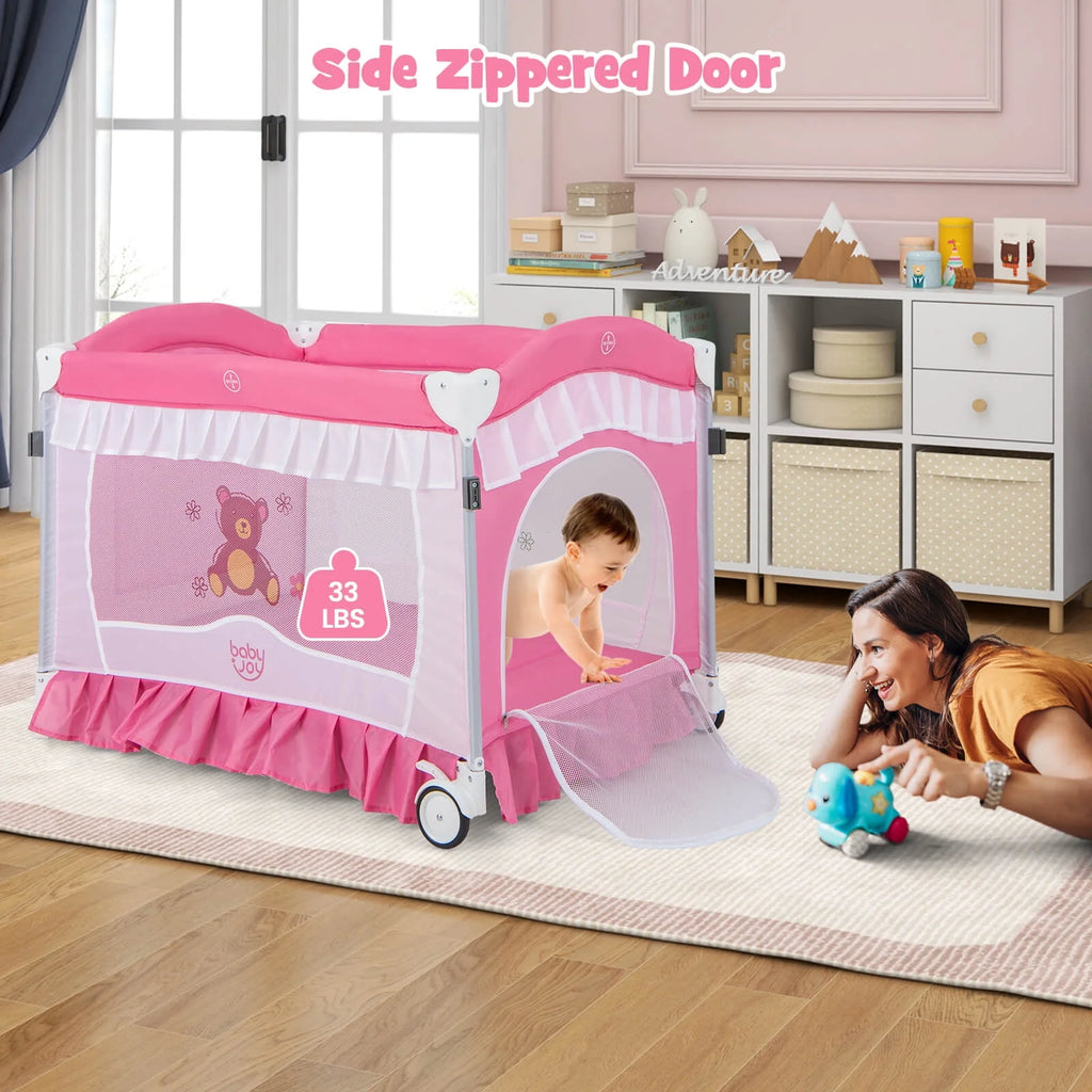 Portable 4 in 1 Baby Playard Crib with Changing Table Pink F5499