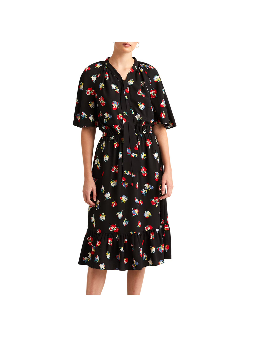 Black Ruffled Floral Flutter Sleeve Fit + Flare Dress B745