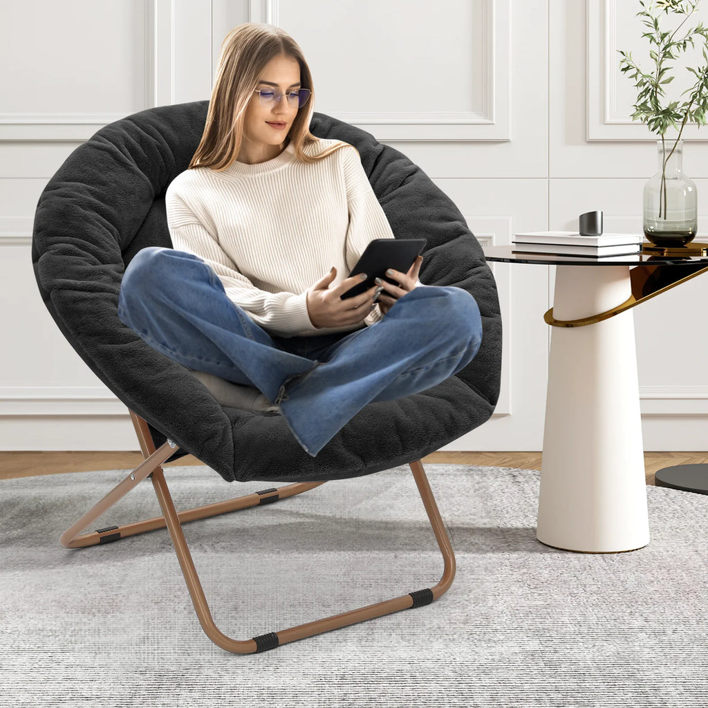 Black Faux Fur Folding Saucer Chairs with Pillow Z64138