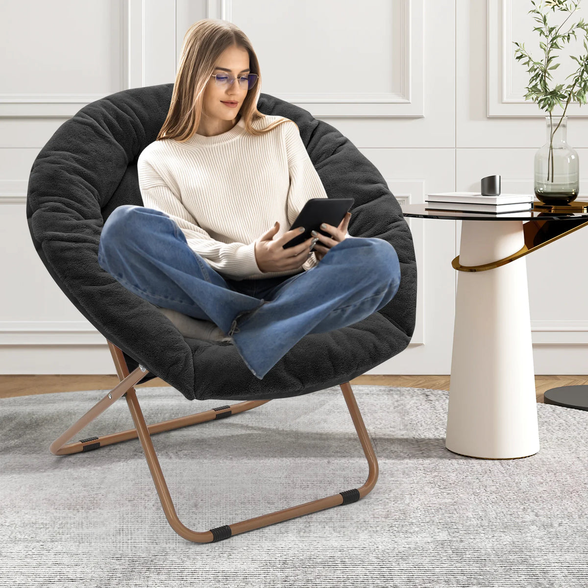 Black Faux Fur Folding Saucer Chairs with Pillow Z64138
