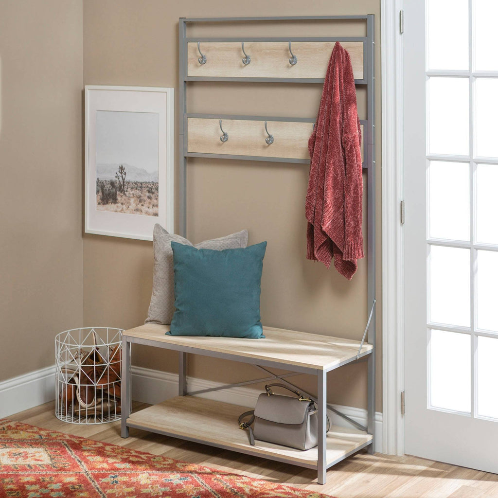 Industrial Farmhouse Metal and Wood Hall Tree White Oak W4484