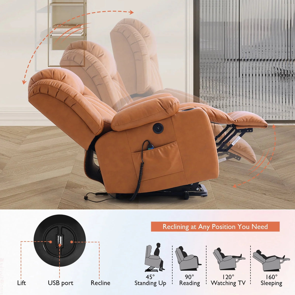 Large Power Lift Recliner Chair with Heat and Massage Leather Grey T240