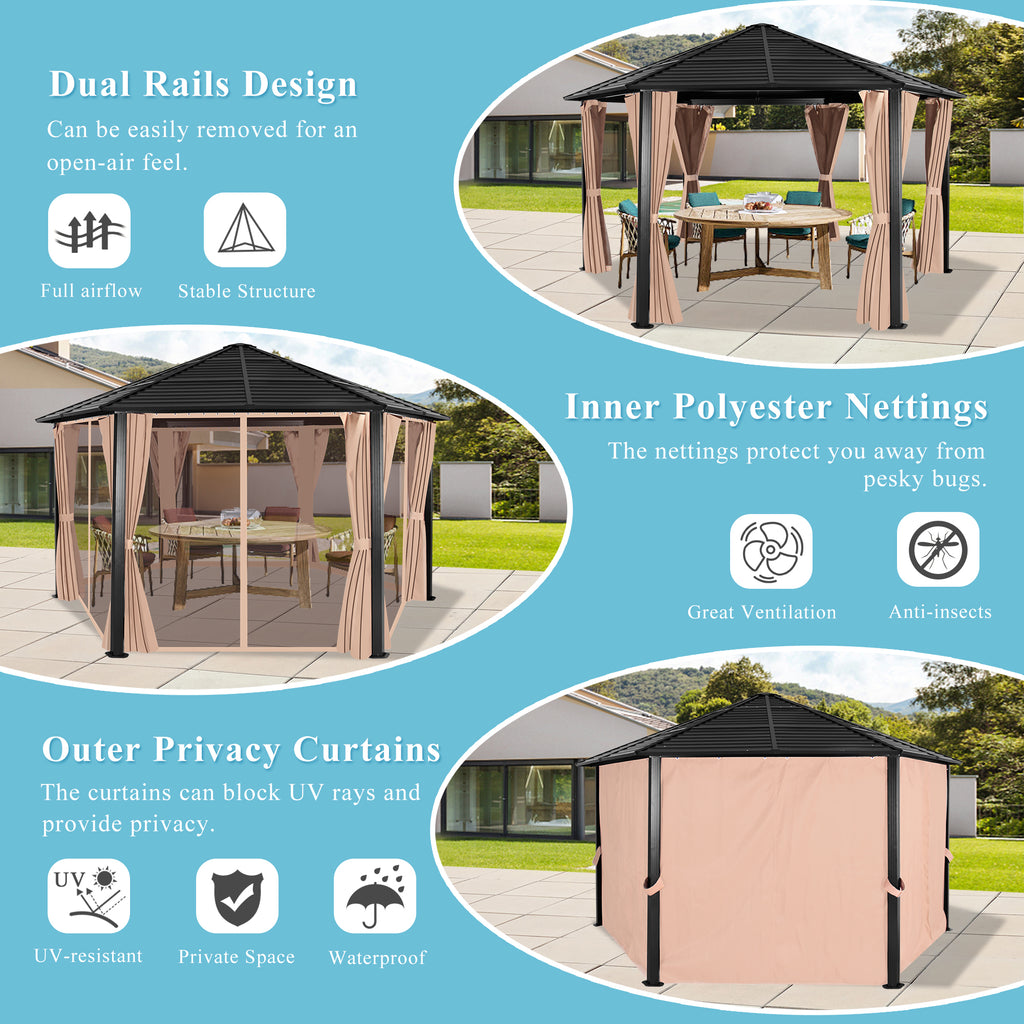 Hexagonal Hardtop Gazebo with Curtains & Mesh Screen C255421