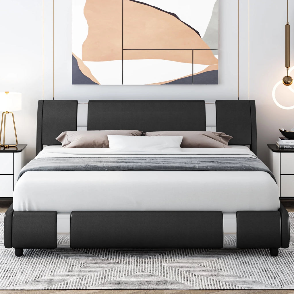 Full Size Leather Upholstered Platform Bed Frame with White Headboard S5649