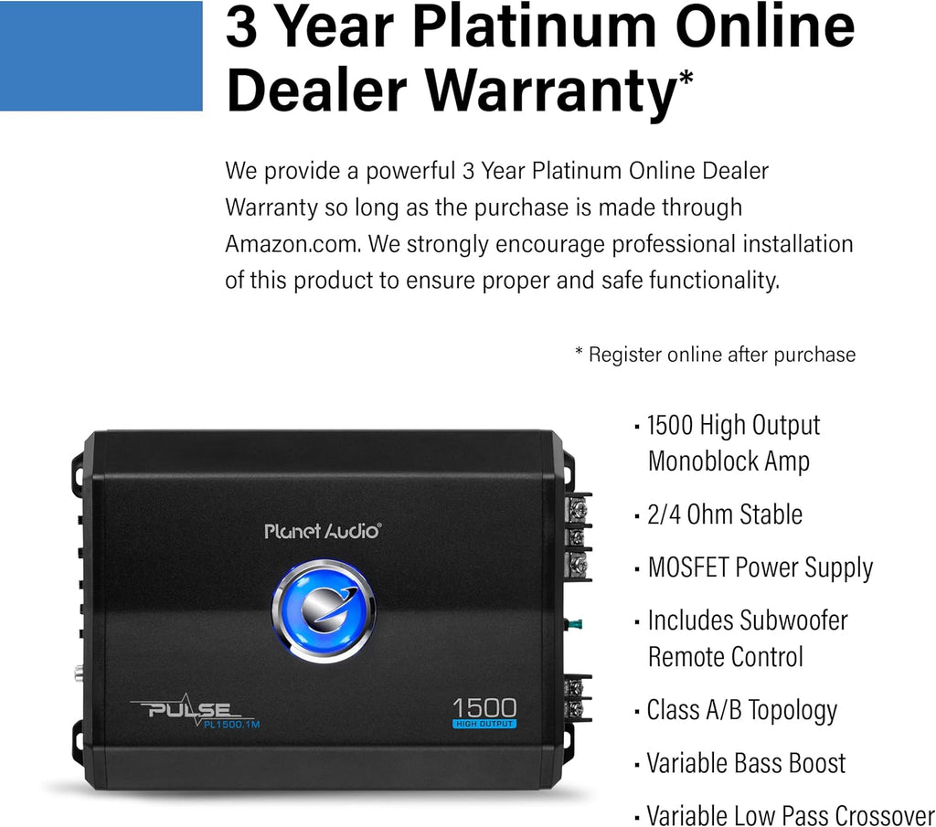 Planet Audio Monoblock Car Amplifier 1500 Watts Class A/B Mosfet Power Supply Pack of 2 B414