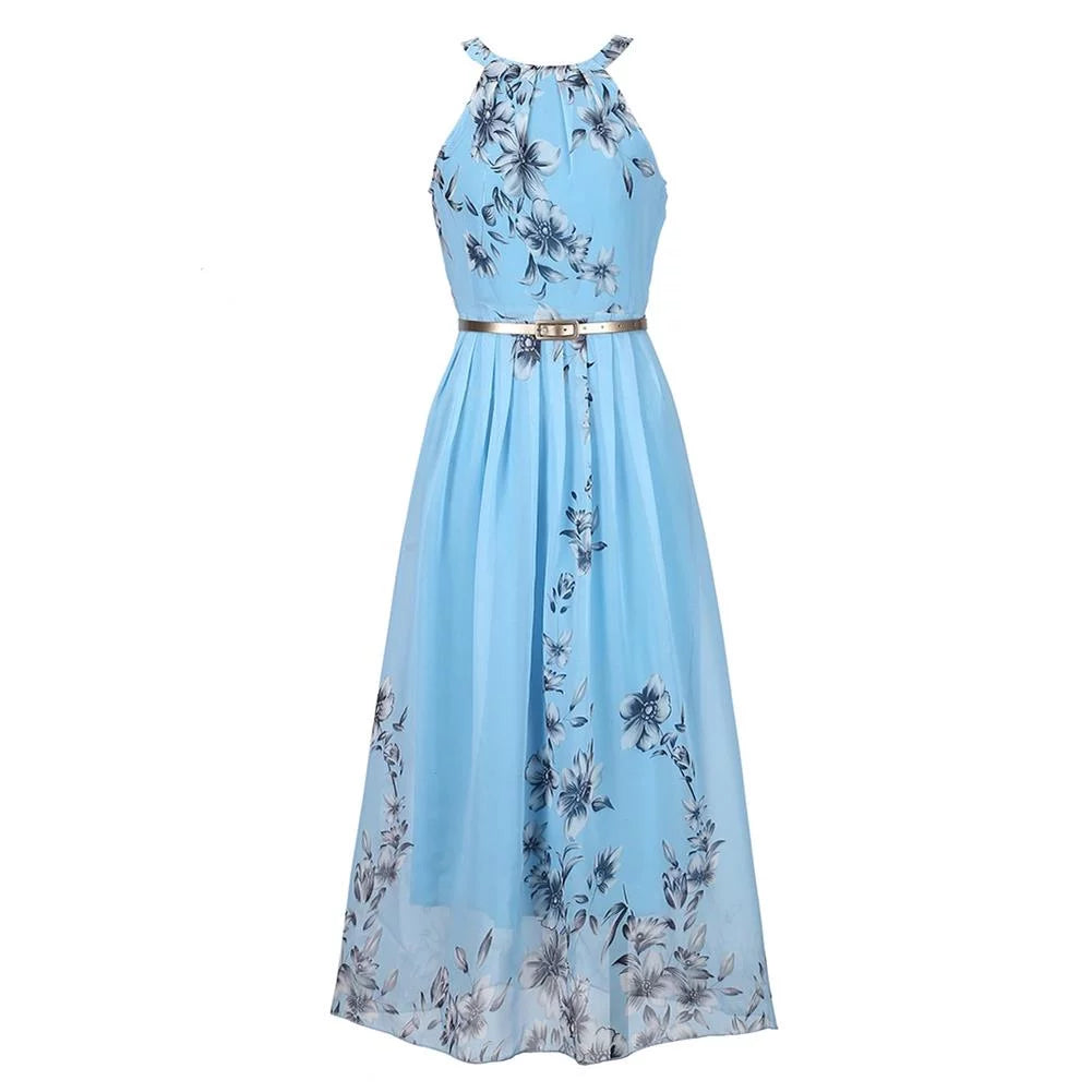 Blue Floral Halter Chiffon Maxi Dress Y108569