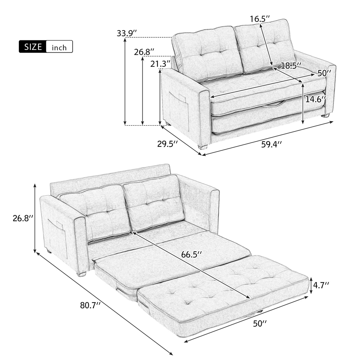 Grey Upholstered Loveseat Sofa with Pull-Out Bed U790