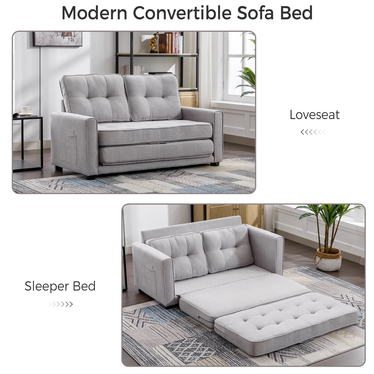 Grey Upholstered Loveseat Sofa with Pull-Out Bed U790