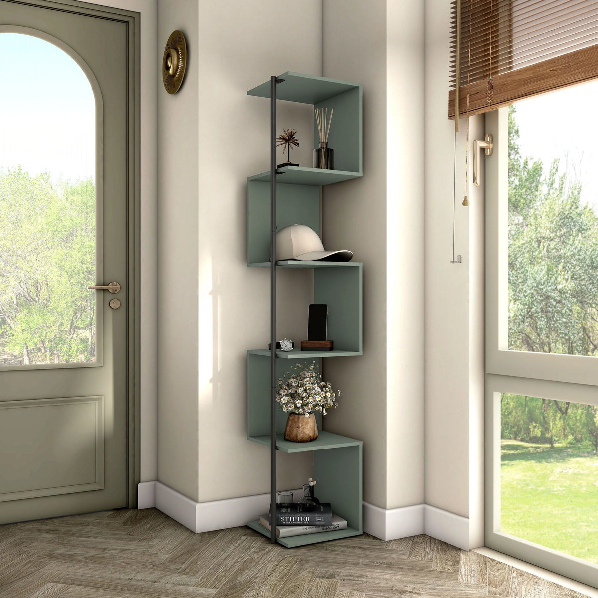 5-Tier Corner Bookcase Sage Green Book Shelf Stand F994