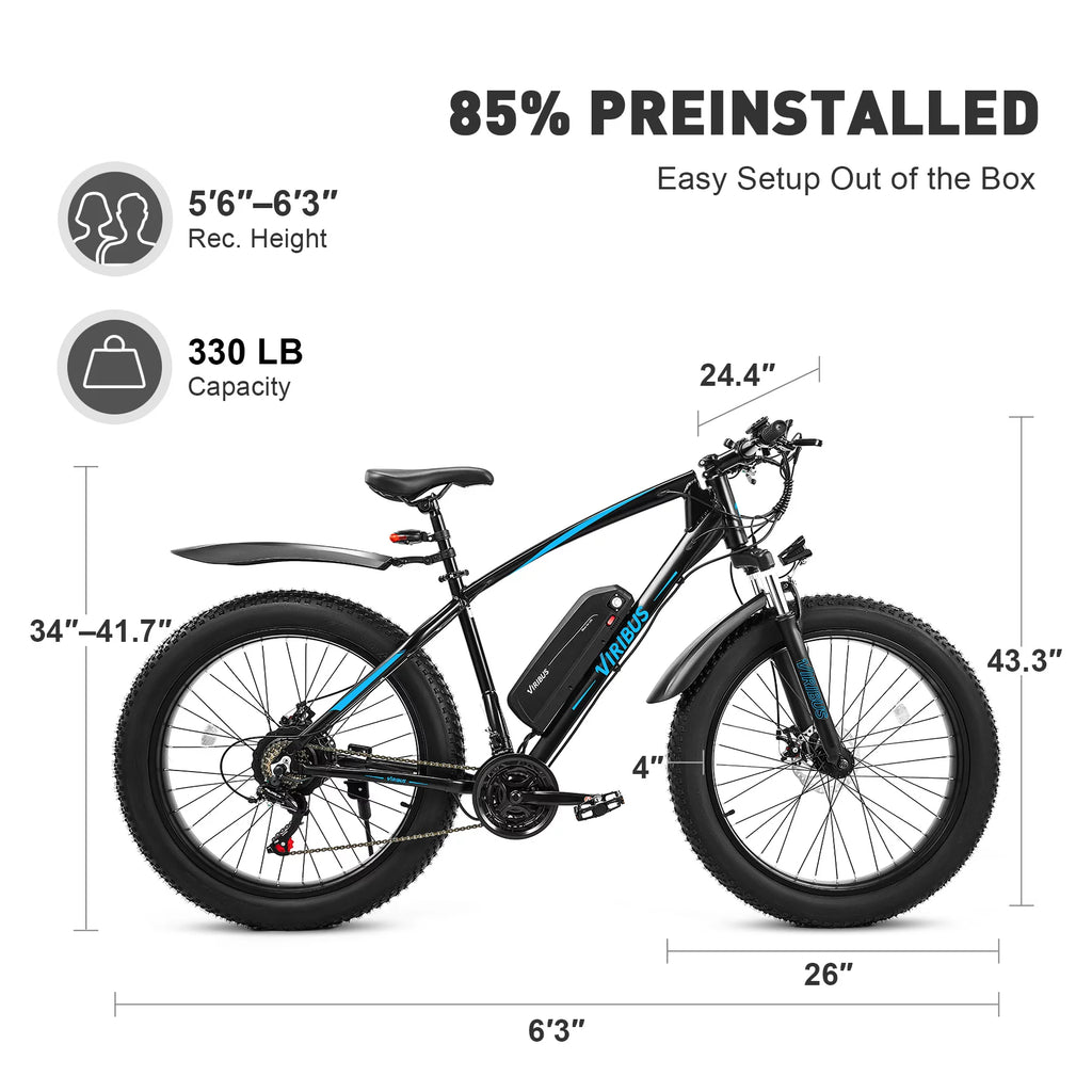 Electric Mountain Bike 26" 500W Fat Tire Blue A1295