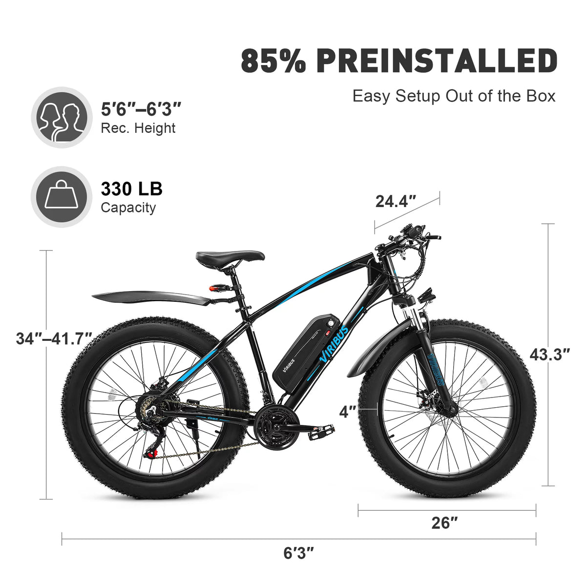 Electric Mountain Bike 26" 500W Fat Tire Blue A1295