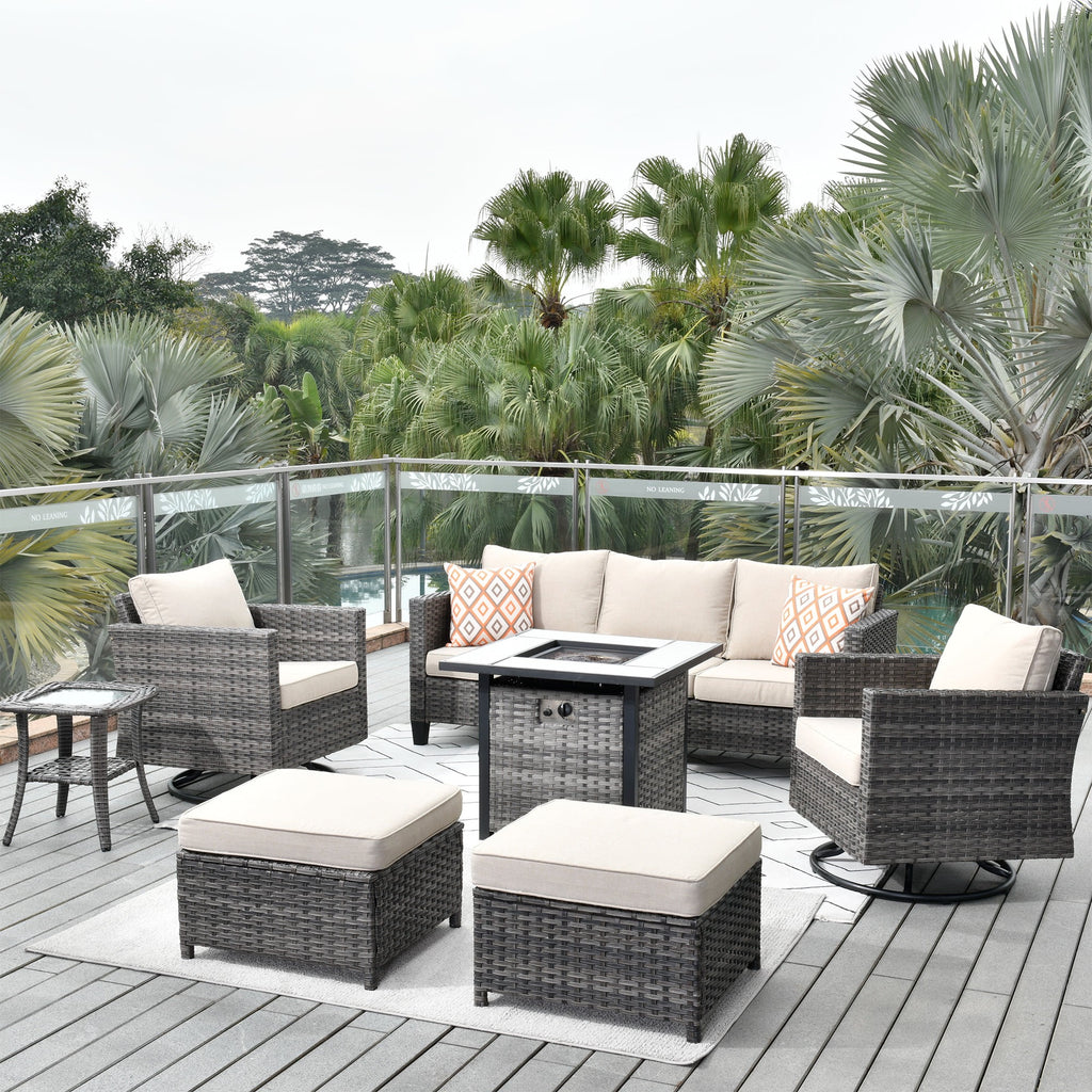 7 Pieces All Weather Wicker Patio Furniture Set with Fire Pit Table W416