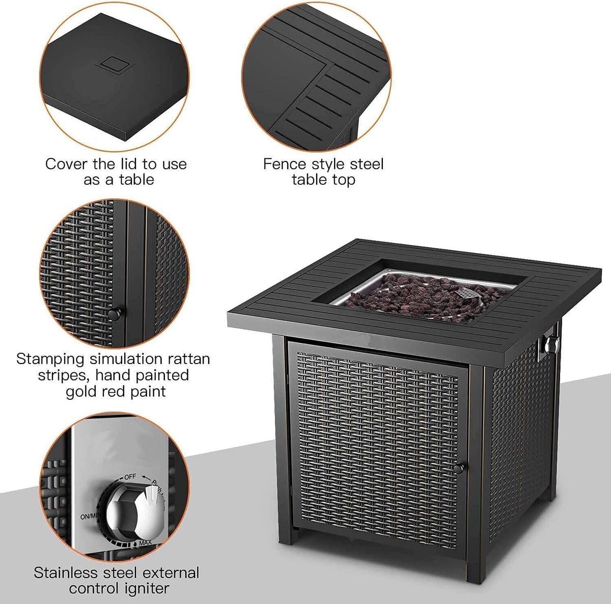 28 Inch 50,000 BTU Propane Gas Fire Pit Table with Lid O6870