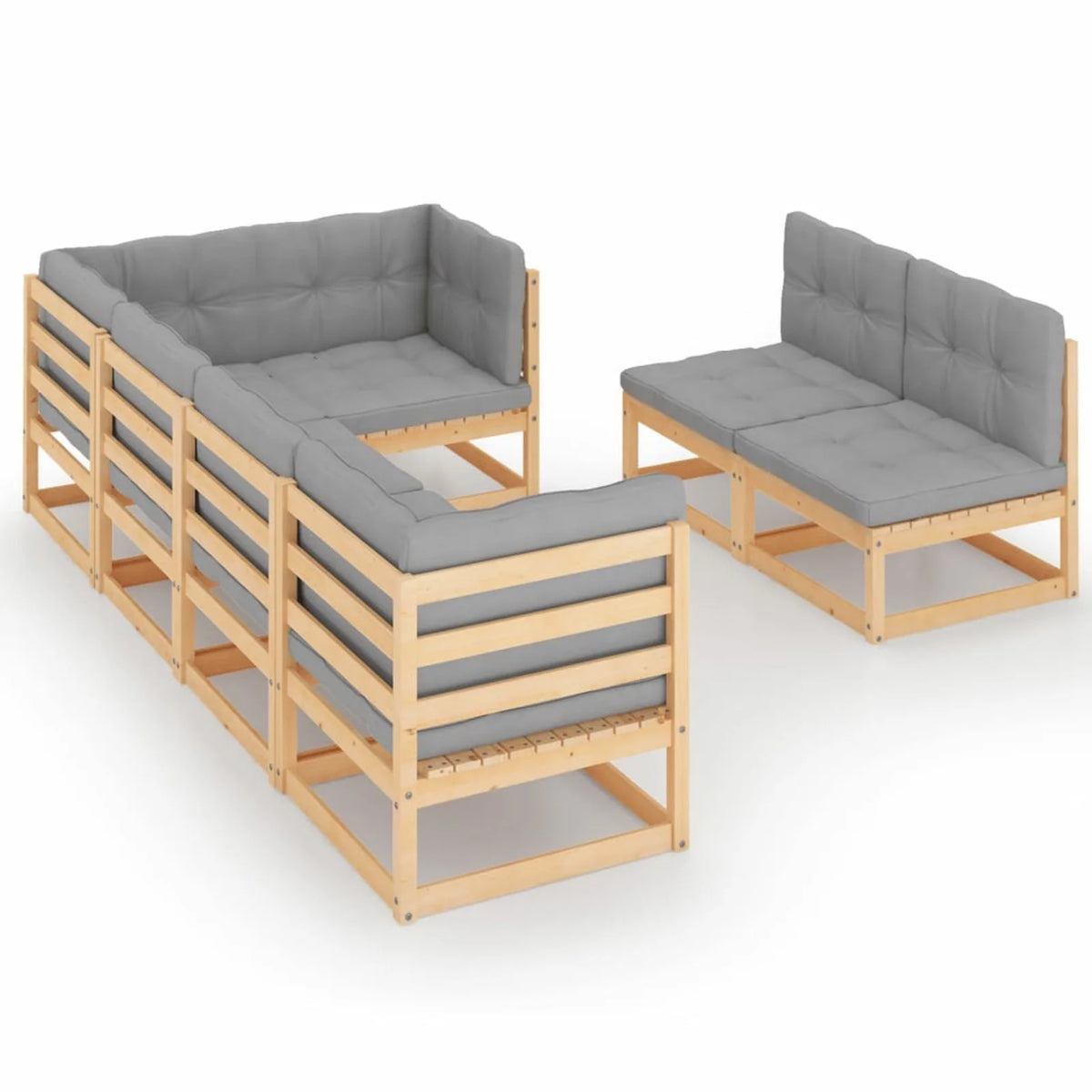 7 Piece Wood Garden Conversation Set Gray Cushioned Pinewood Sectional Sofa Set P4417