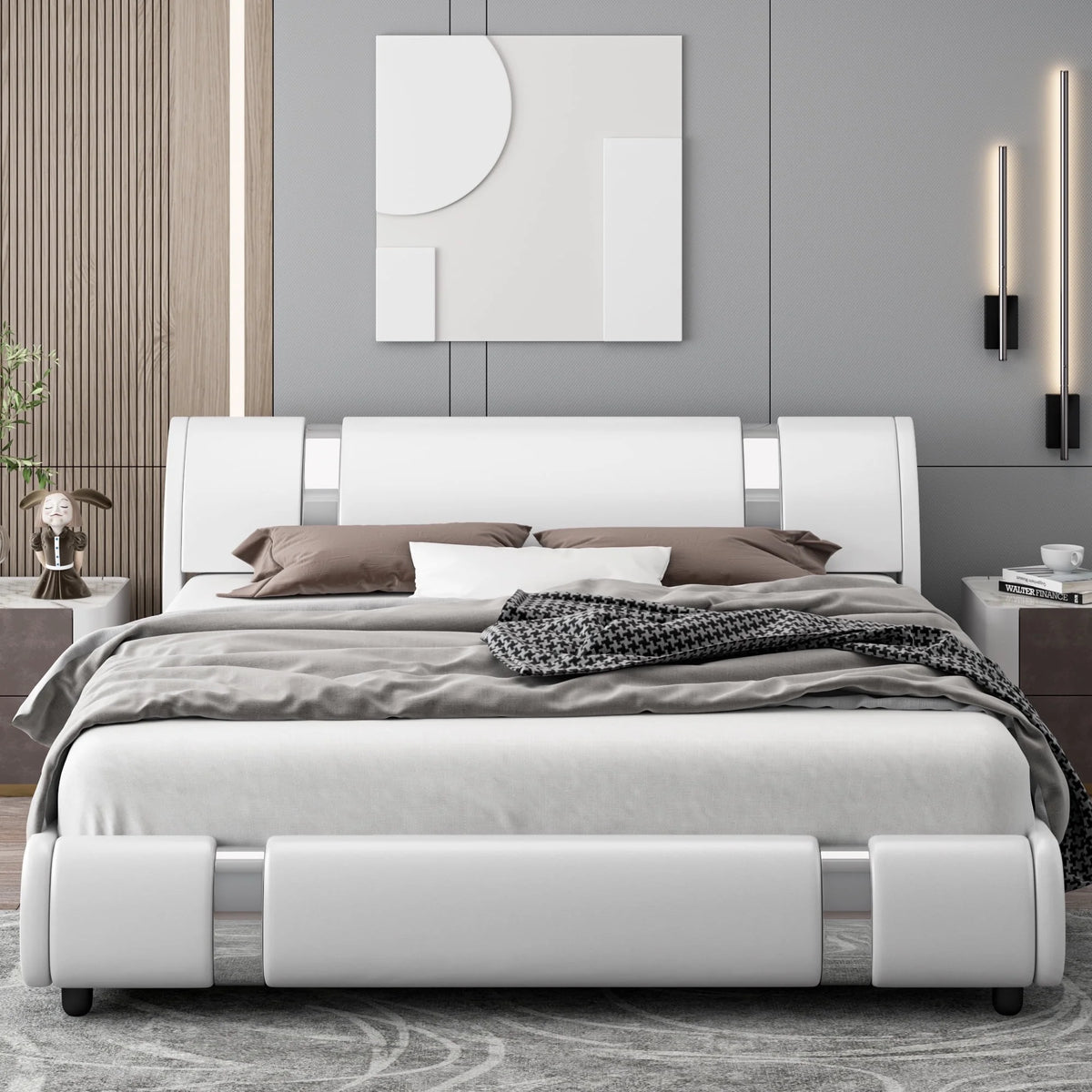Full Size Leather Upholstered Platform Bed Frame with White Headboard S5649
